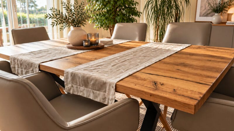 Esstisch aus Altholz Eiche mit natürlicher Holzstruktur in einem hellen Esszimmer