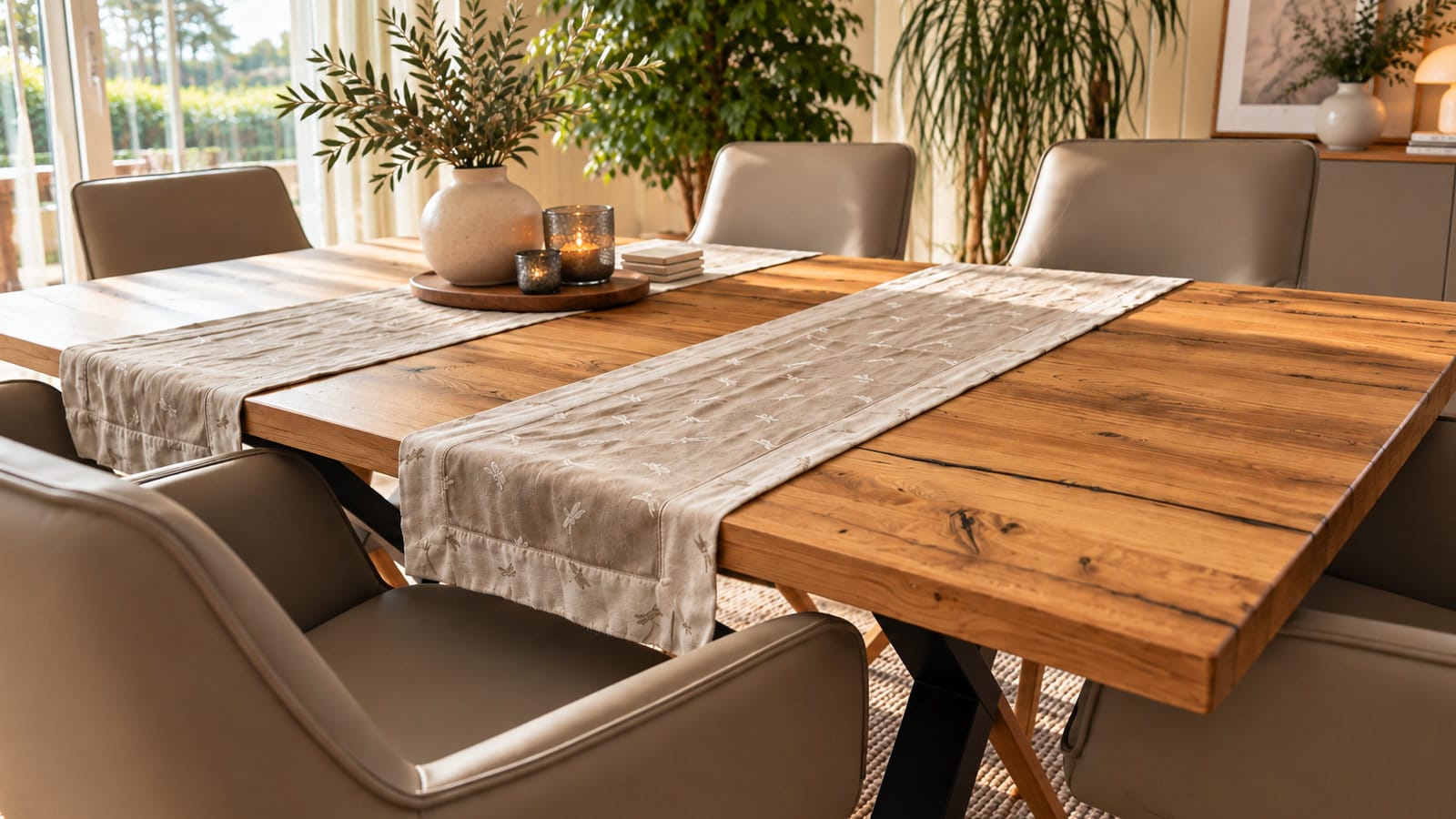 Esstisch aus Altholz Eiche mit natürlicher Holzstruktur in einem hellen Esszimmer