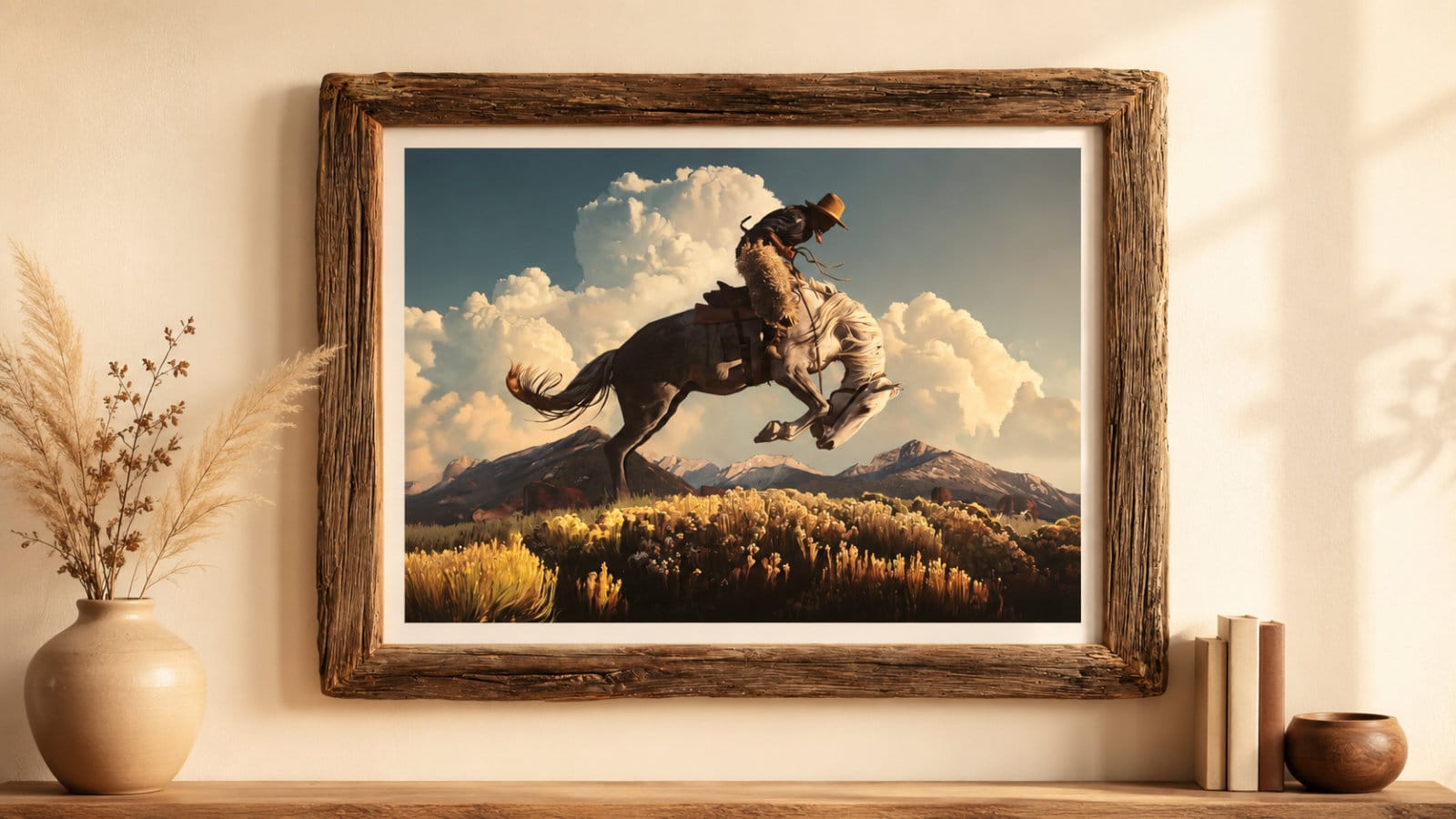 Gerahmtes Fotomotiv in einem Bilderrahmen aus Altholz Eiche an einer hellen Wand