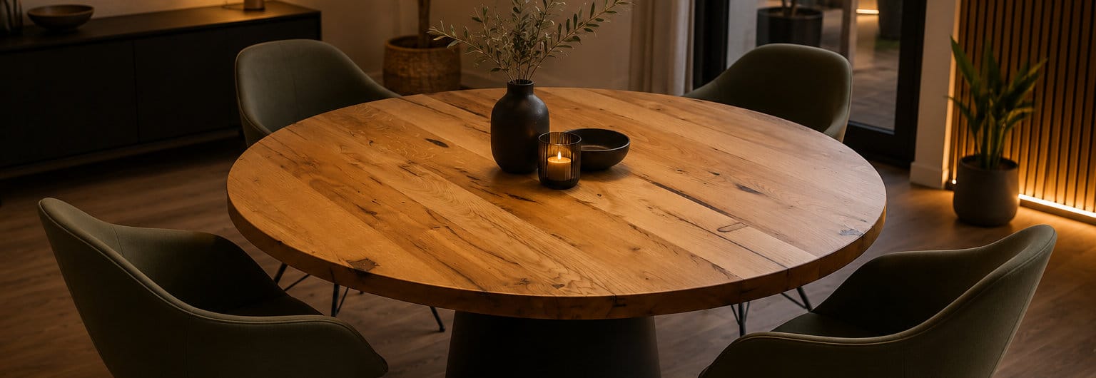 Runder Esstisch aus Altholz Eiche mit modernen Designstühlen
